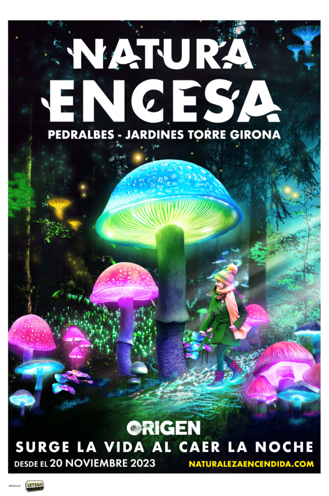 La mágica iluminación de Naturaleza Encendida estrena la edición ORIGEN en los Jardines de Torre Girona en Pedralbes del 20 de noviembre de 2023 hasta el 21 de enero de 2024,