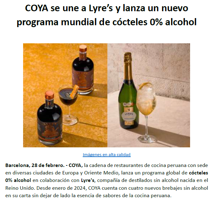 COYA se une a Lyre’s y lanza un nuevo programa mundial de cócteles 0% alcohol