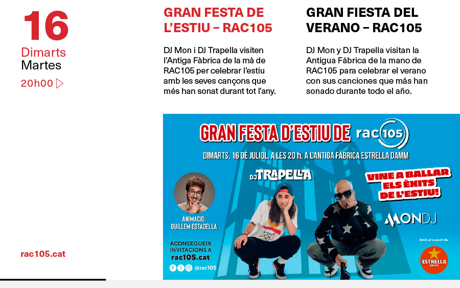 Gran Festa de L’estiu-RAC 105 Dj Mon i Dj Trapella 16 de juliol