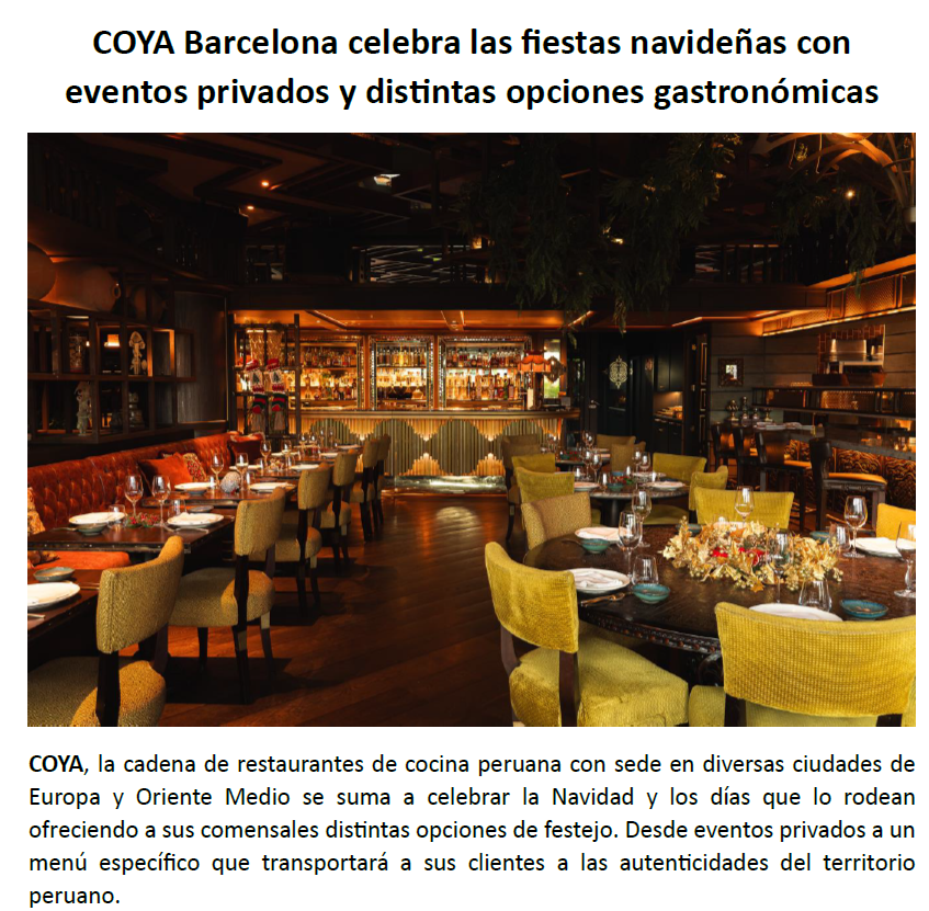 COYA Barcelona celebra las fiestas navideñas con eventos privados y distintas opciones gastronómicas