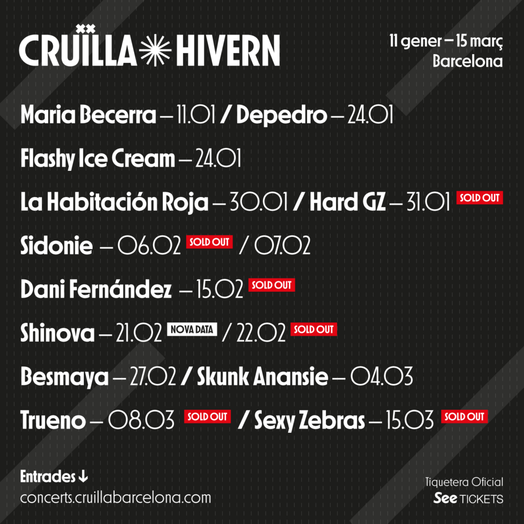 Maria Becerra, Trueno, Dani Fernández, Hard GZ, Sidonie y muchos más, son algunos de los nombres que traerá el Cruïlla Hivern a partir del 11 de enero