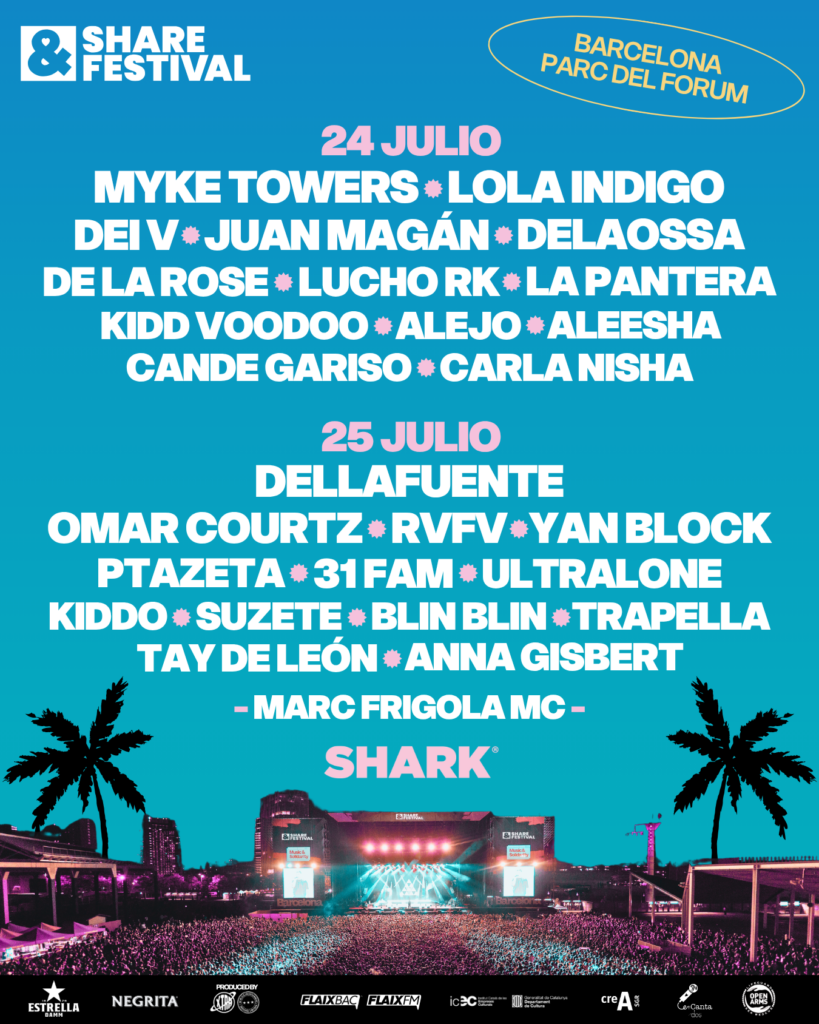 El Share Festival 2026 desvela su cartel por días: Myke Towers y Lola Índigo lideran el 24 de julio, mientras que Dellafuente y Omar Courtz encabezan el 25 de julio